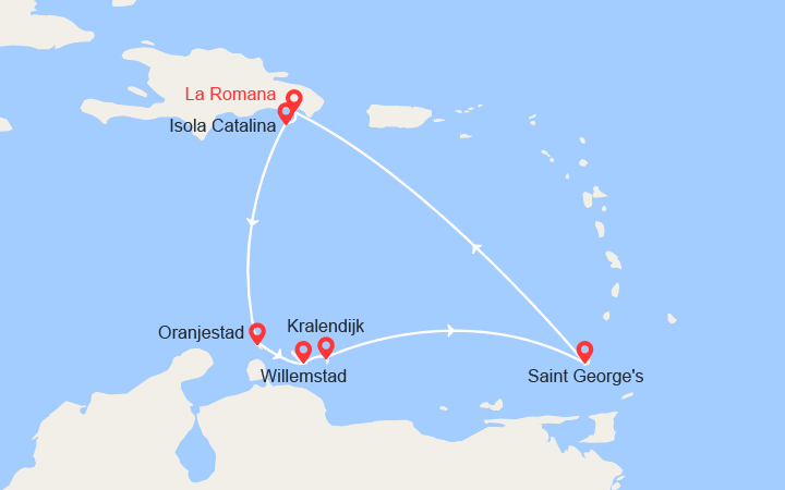 Carte itinéraire croisière Repubblica Dominicana, Aruba, Curaçao, Bonaire, Grenada