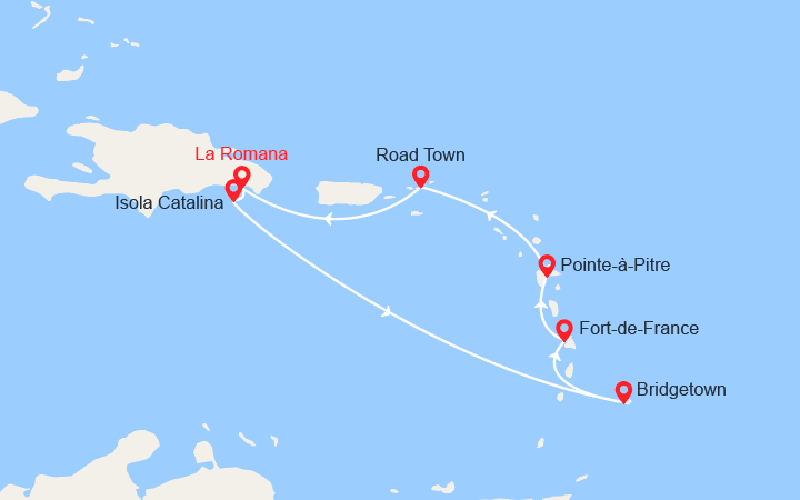 Carte itinéraire croisière Repubblica Dominicana, Barbados, Martinica, Guadalupe, Isole Vergini