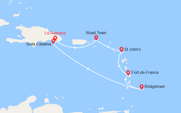 Carte itinéraire croisière Repubblica Dominicana, Barbados, Martinica, Isole Vergini