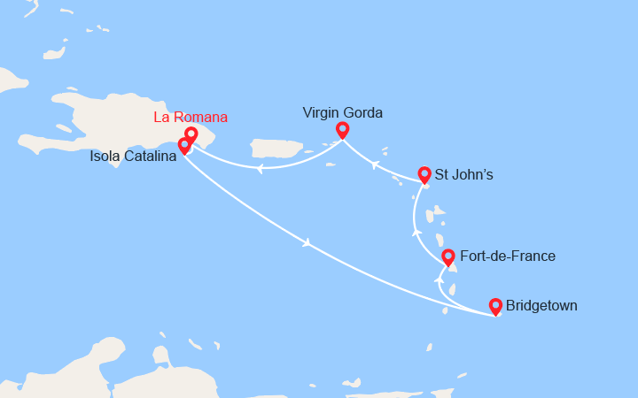 Carte itinéraire croisière Repubblica Dominicana, Barbados, Martinica, Isole Vergini