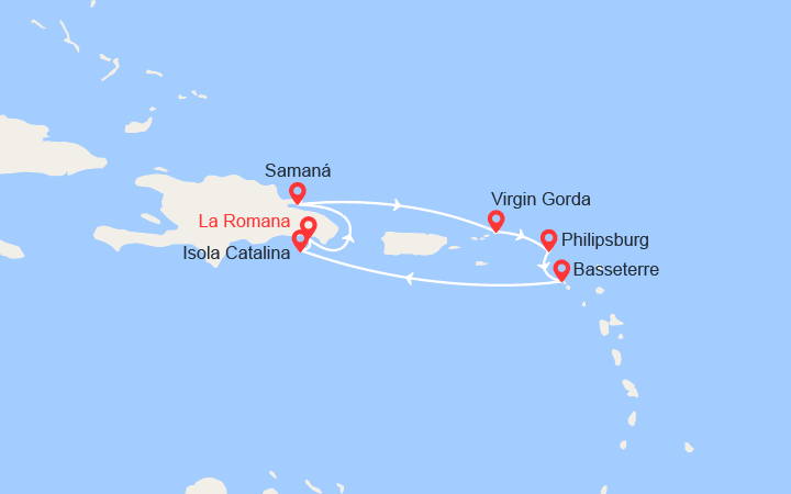 Carte itinéraire croisière Repubblica Dominicana, Isole Vergini, St Maarten, St Kitts