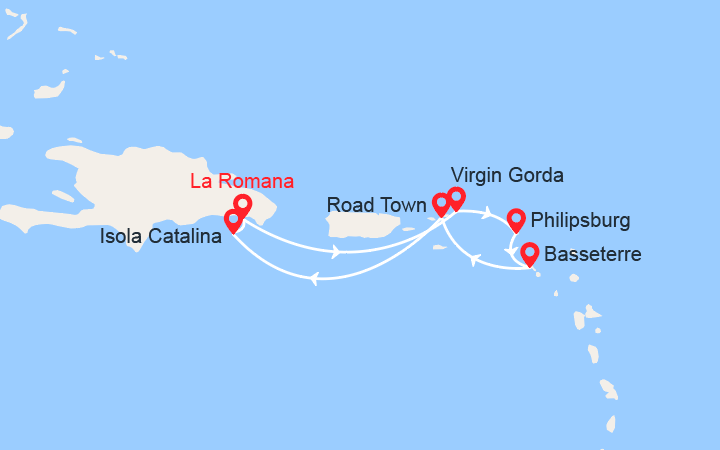 Carte itinéraire croisière Repubblica Dominicana, Isole Vergini, St Maarten, St Kitts