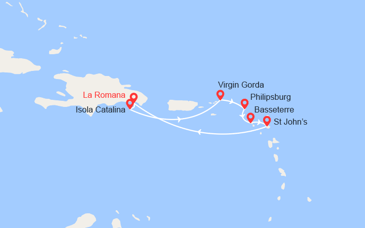 Carte itinéraire croisière Repubblica Dominicana, Isole Vergini, St Maarten, St Kitts