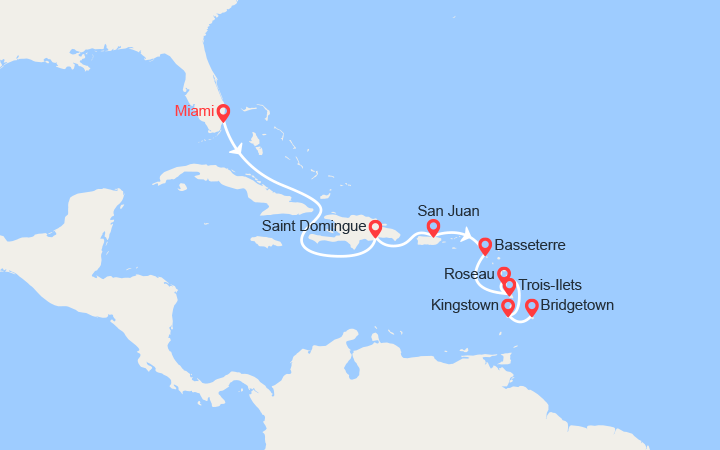 Carte itinéraire croisière republique dominicaine porto rico st christophe et nieves martinique st vincent barbade
