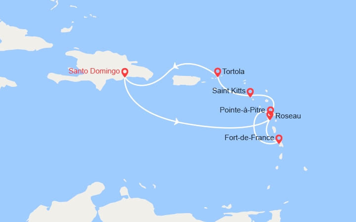 Carte itinéraire croisière Roseau, Fort-de-France, Pointe-à-Pitre, St. Kitts, Tortola