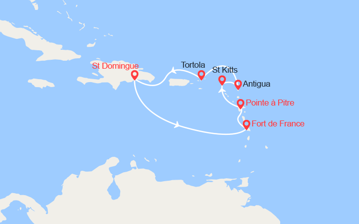 Carte itinéraire croisière Saint Domingue, Martinique, Guadeloupe, St Kitts, Antigua, Tortola
