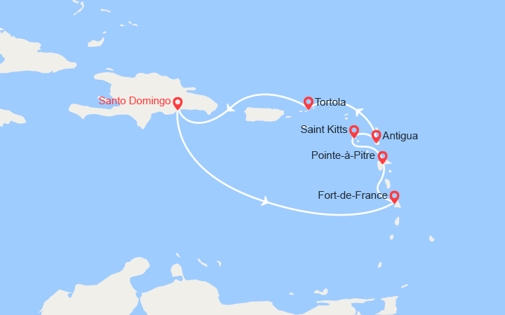 Carte itinéraire croisière Santo Domingo, Fort-de-France, Pointe-à-Pitre, St. Kitts, Antigua, Tortola