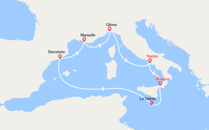 Carte itinéraire croisière sicile malte espagne france