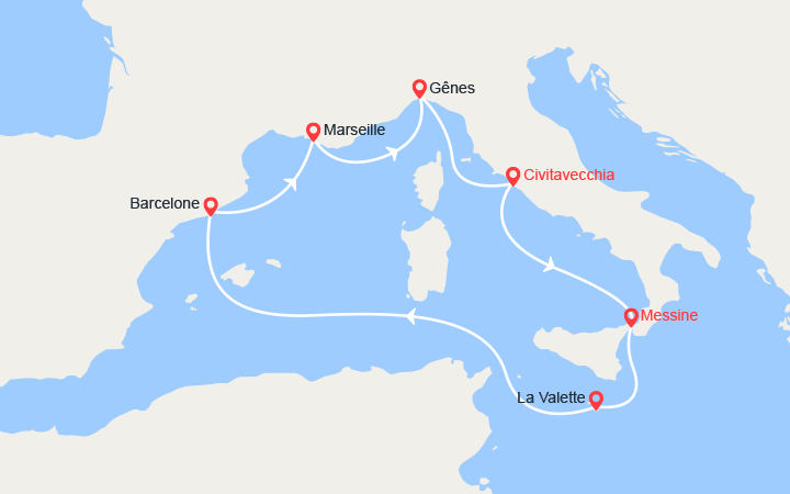 Carte itinéraire croisière sicile malte espagne italie provence