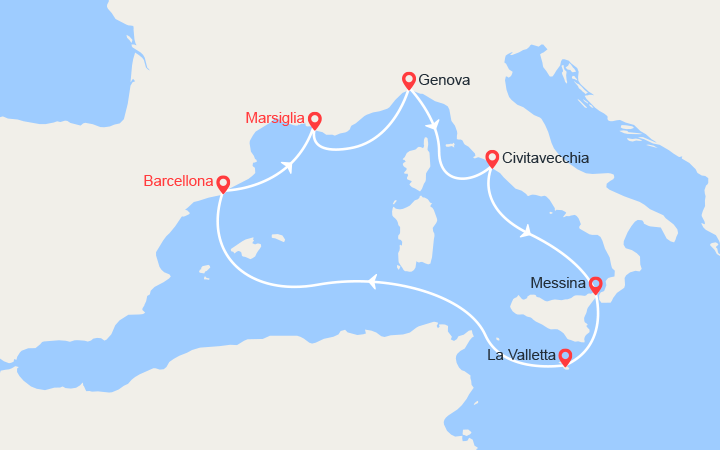 Carte itinéraire croisière Spagna, Francia, Italia, Malta