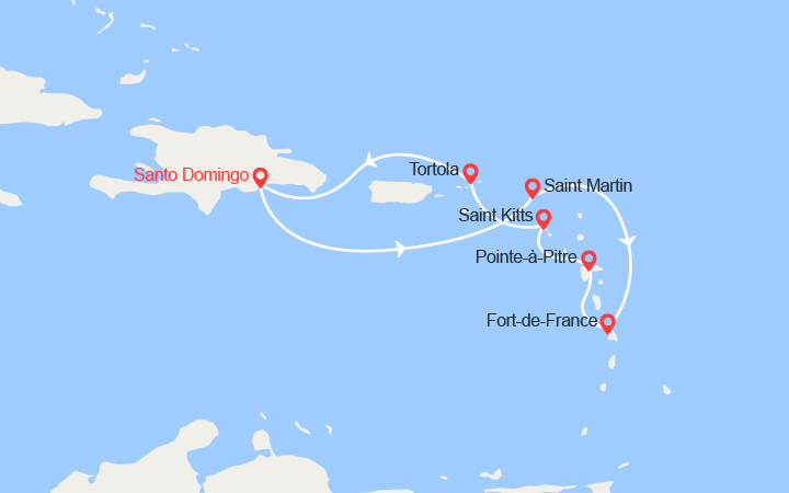 Carte itinéraire croisière St Maarten, Martinica, Guadalupa, Saint Kitts e Nevis, Isole Vergini