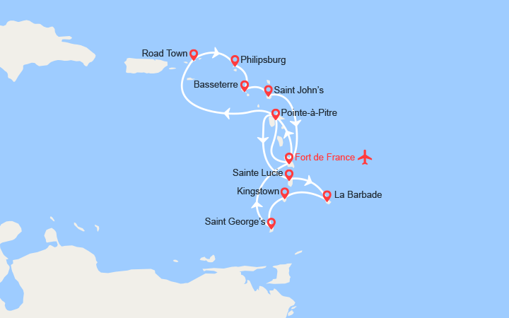 Carte itinéraire croisière tortola st kitts martinique guadeloupe ste lucie barbade vols inclus