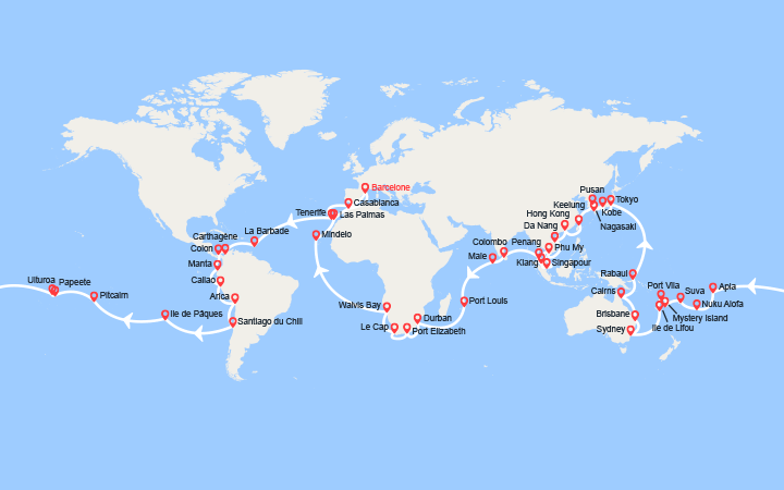 Carte itinéraire croisière tour du monde 2026 au depart de barcelone