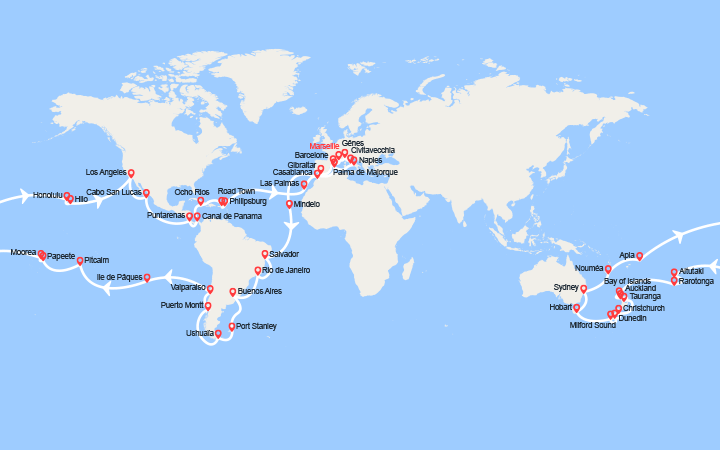 Carte itinéraire croisière Tour du Monde 2027 au départ de Marseille