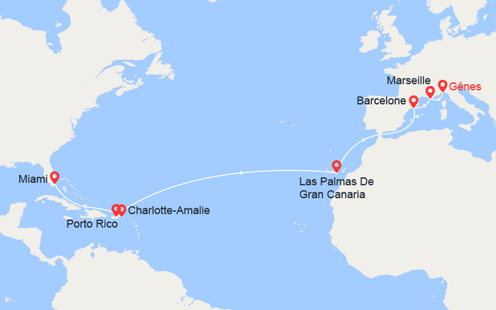 Carte itinéraire croisière Transatlantico: dall’Italia alla Florida