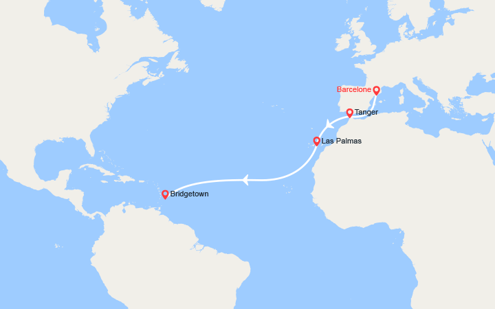 Carte itinéraire croisière transatlantique de barcelone a bridgetown maroc iles canaries