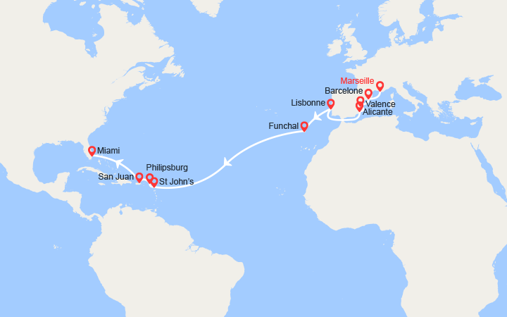 Carte itinéraire croisière transatlantique de france en floride