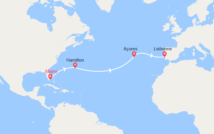 Carte itinéraire croisière transatlantique de miami a lisbonne