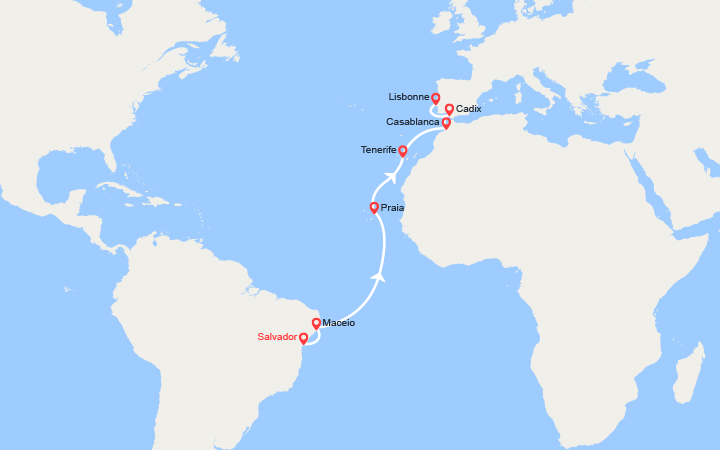 Carte itinéraire croisière transatlantique du bresil jusqu en espagne