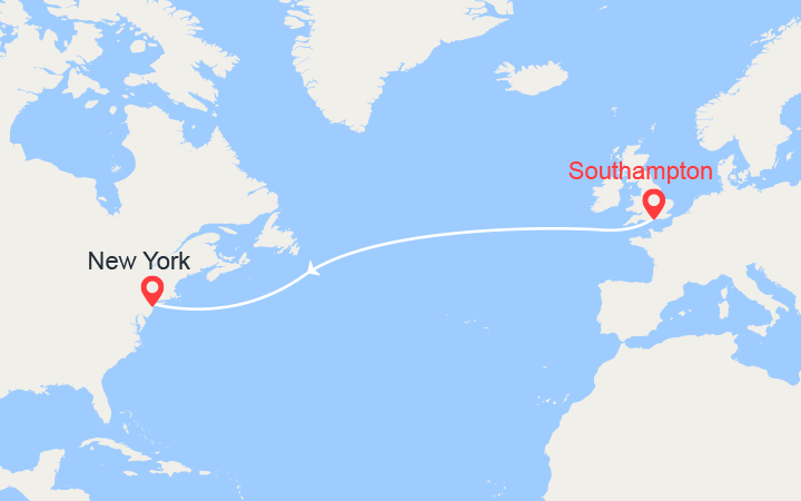 Carte itinéraire croisière traversee transatlantique de southampton a new york