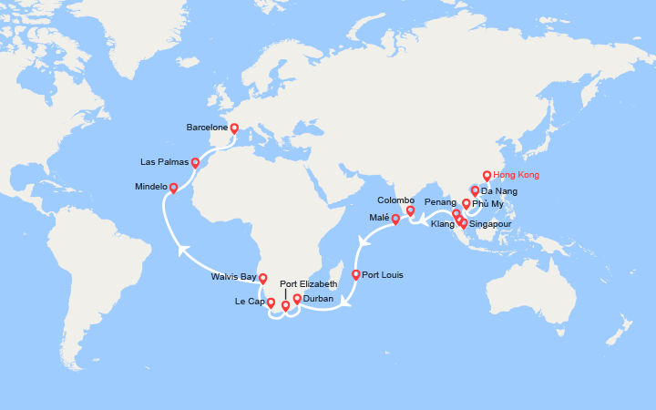 Carte itinéraire croisière troncon du tour du monde 2026 de hong kong a barcelone