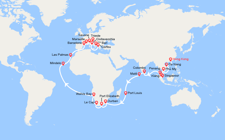Carte itinéraire croisière troncon du tour du monde 2026 de hong kong a trieste