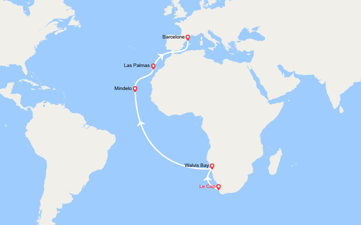 Carte itinéraire croisière troncon du tour du monde 2026 du cap a barcelone
