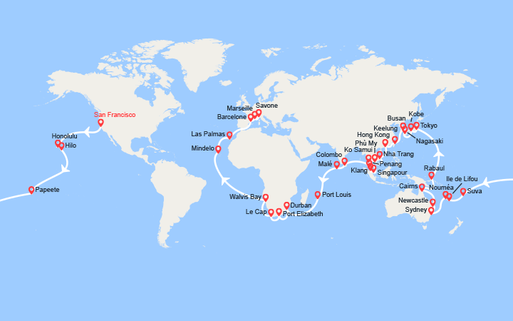Carte itinéraire croisière Tronçon du Tour du Monde 2027 : de San Francisco à Savone