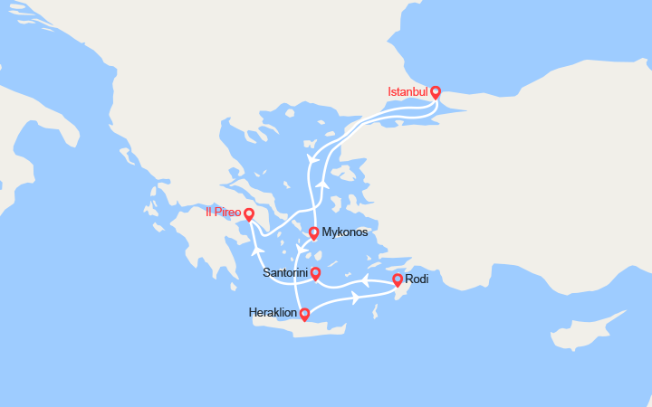 Carte itinéraire croisière Turchia e Grecia : Istanbul, Mykonos, Creta, Santorini