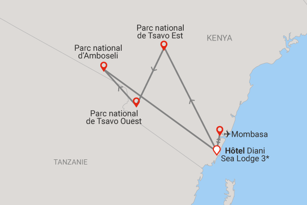 Combiné Hôtel Diani Sea Lodge 4* avec 3 nuits Tsavo est/Ouest et Amboseli Kenya Mombasa