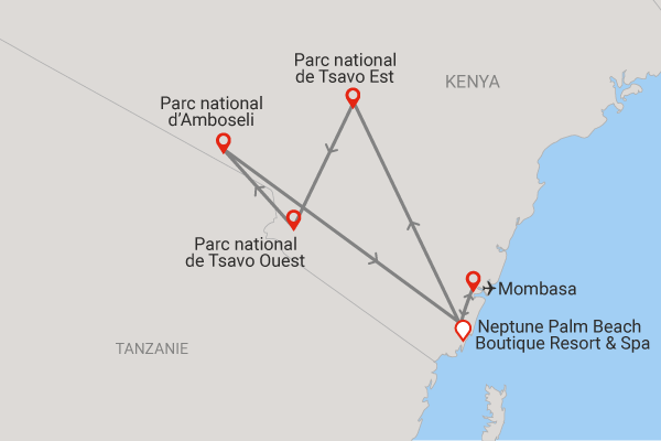 Combiné Hôtel Neptune Palm Beach Boutique Resort & Spa 4* avec 3 nuits Tsavo Est / Ouest et Amboseli Kenya Mombasa