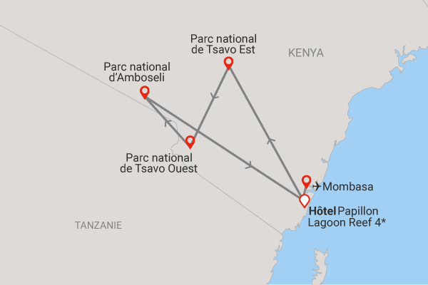 Combiné Papillon Lagoon Reef 3* avec 3 nuits Tsavo est/Ouest et Amboséli Kenya Mombasa