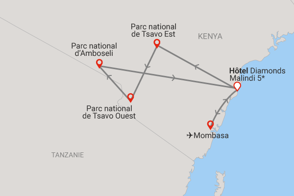Combiné Diamonds Malindi 5* avec 3 nuits de safari Tsavo Est/Ouest et Amboseli Kenya Mombasa
