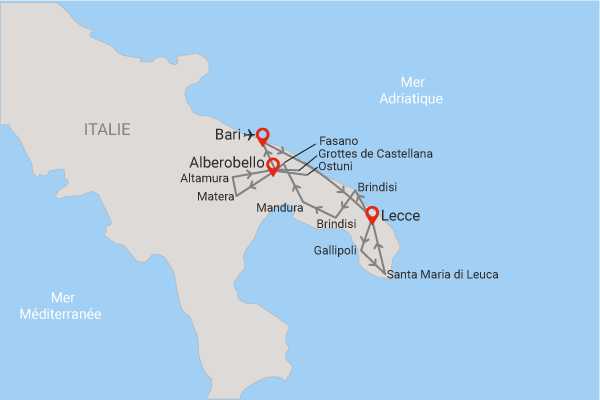 Autotour Routes des Pouilles secrètes en liberté, arrivée Bari bari Italie