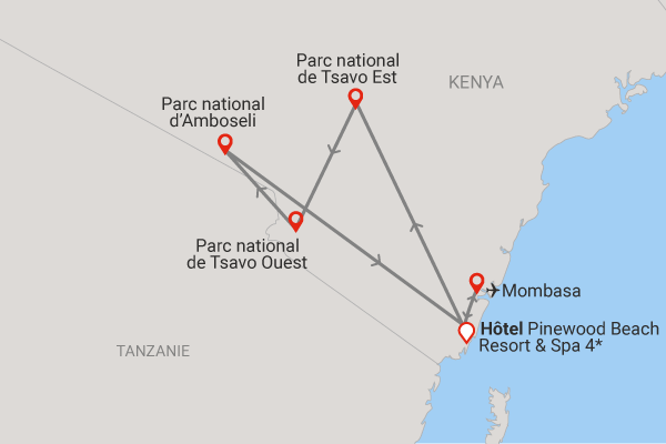 Combiné circuit et hôtel Pinewood Beach Resort & Spa 4*sup avec 3 nuits safari Tsavo et Amboseli ukunda Kenya