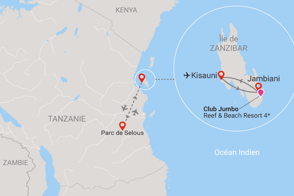 Combiné circuit et hôtel Club Jumbo Reef & Beach Resort 4* avec 1 nuit au parc de Selous jambiani Zanzibar