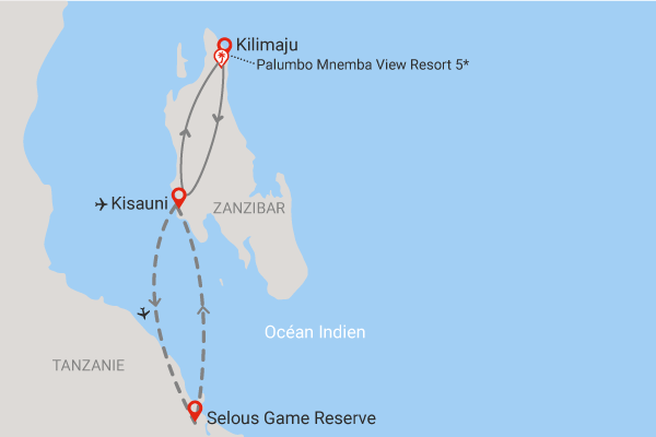 Combiné circuit et hôtel Palumbo Mnemba View Resort 4* avec 2 nuits au Parc de Selous matemwe Zanzibar