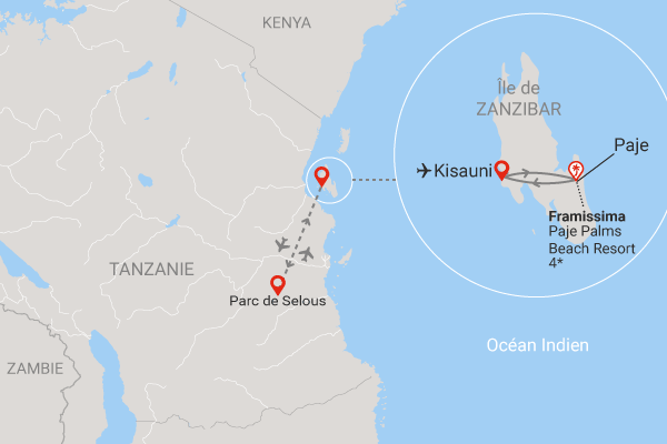 Combiné circuit et hôtel Framissima Paje Palms Beach Resort 4* avec 2 nuits au Parc de Selous paje Zanzibar